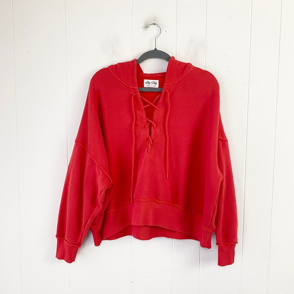 American Eagle Big Hug Red Lace Up Hoodie Oversized Sweatshirt Sz Small